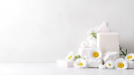 Stacked white and light pink soaps surrounded by daisies