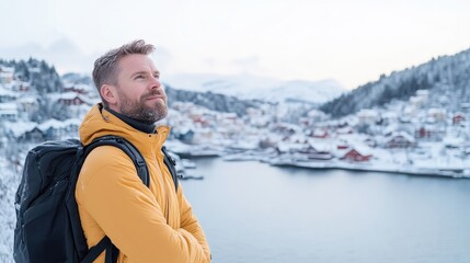 Fototapeta premium A bearded man in yellow jacket with backpack standing by serene snowy lake, picturesque winter landscape with mountains in background, and contemplative moment.