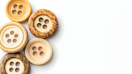 Obraz premium Wooden buttons arranged on white background; space for text; crafting, sewing, hobby