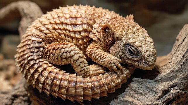 Close-up of a Sleeping Spiny-tailed Lizard Curled on Driftwood