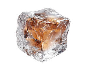 Ice cube with amber tones product isolated on transparent background