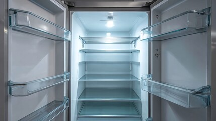 Obraz premium An empty refrigerator with open doors and glass shelves illuminated by a bright internal light