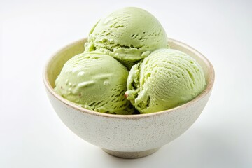 Pistachio ice cream in a bowl on a white background. AI generated illustration.
