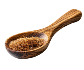 Cooking action brown sugar in wooden spoon kitchen environment isolated on transparent background