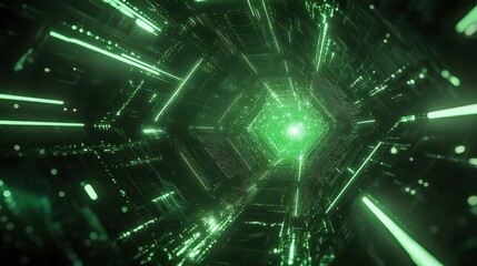 緑色光線が輝くデジタル技術トンネルの未来的な空間背景 デザイン要素として幾何学模様