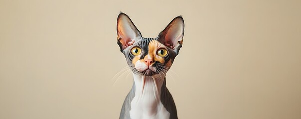 Portrait of a calico sphynx cat looking directly at camera