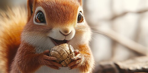 In a studio, a cute grey squirrel can be seen clutching an acorn set against a plain, neutral background