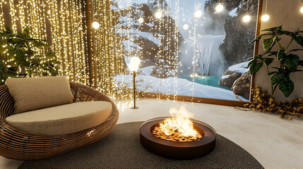 Cozy winter lounge with fireplace, waterfall view, and festive lights. Perfect for relaxation and winter getaways