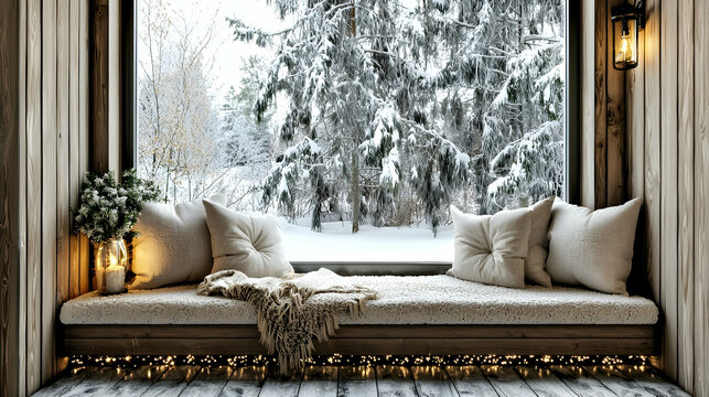 Cozy winter window seat, snowy forest view, rustic cabin interior, relaxing atmosphere, ideal for holiday or winter themed designs