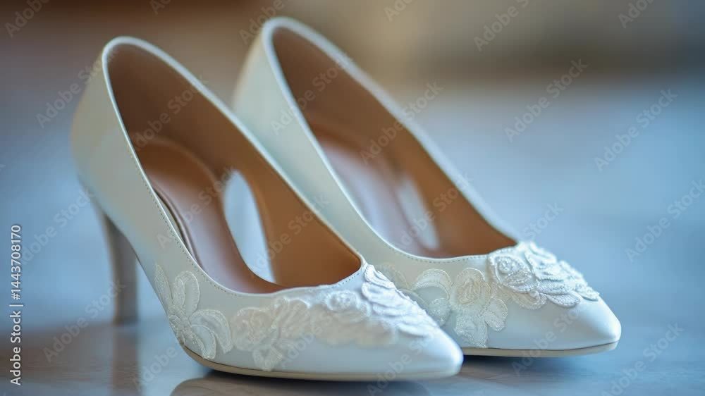 Poster a close-up view of a pair of shoes resting on a table, ideal for use in lifestyle or product photogr