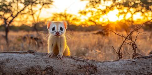 Obraz premium In a forest setting, a cute small mammal can be seen curiously peeking over a log among autumn leaves