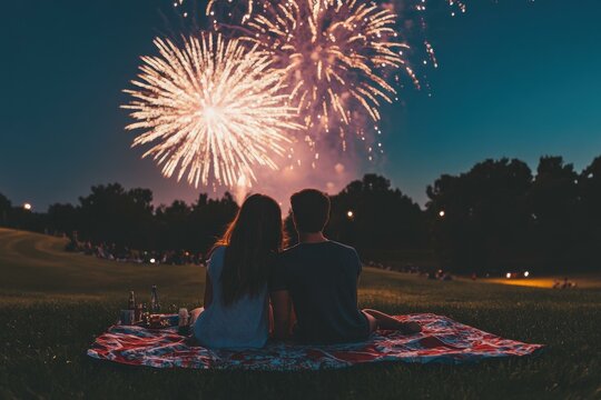 Peaceful Moment: Young Couple Enjoying Fireworks Display on Picnic Blanket Under Evening Sky