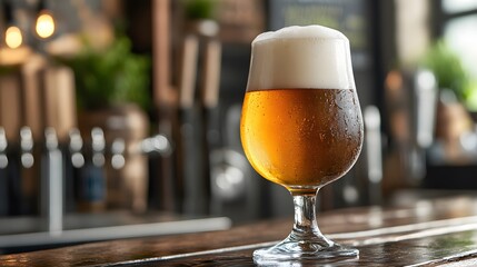 A glass of beer with a frothy head sits on a wooden bar top in a blurred bar environment setting