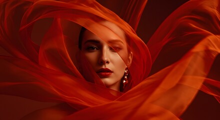 Beautiful Woman Surrounded by Flowing Red Fabric in Dramatic Portrait
