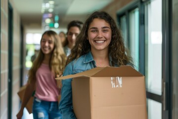 Smiling female college students carry boxes in dormitory hallway on moving day