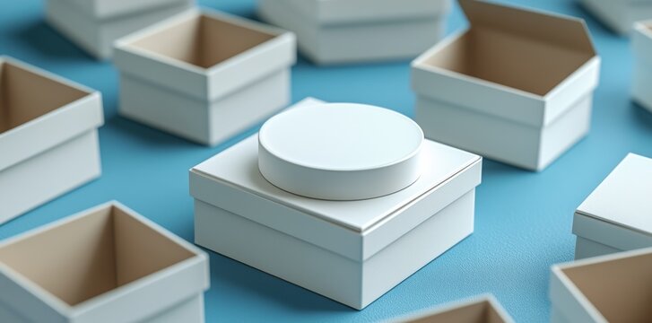 A minimalist design is exemplified by a series of simple white boxes positioned on a teal-colored background, evoking elegance