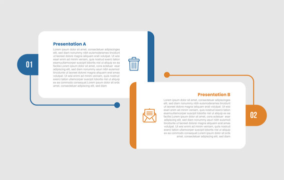 2 stage infographic diagram opposite comparison with round rectangle box side by side unsymmetric with two step for slide presentation