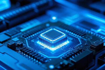 青色発光する中央集積回路チップのクローズアップ写真 科学技術の未来概念デザイン