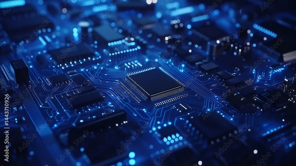 Poster 青色発光ダイオードで照らされた電子基板のクローズアップ 複雑な回路パターンが未来的なデジタル世界のコンセプトを表現