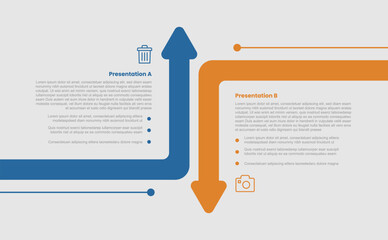 2 stage infographic diagram opposite comparison with long arrow shape up and down direction with two step for slide presentation