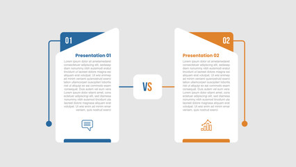 2 stage infographic diagram opposite comparison with tall rectangle box with header slice triangle with two step for slide presentation