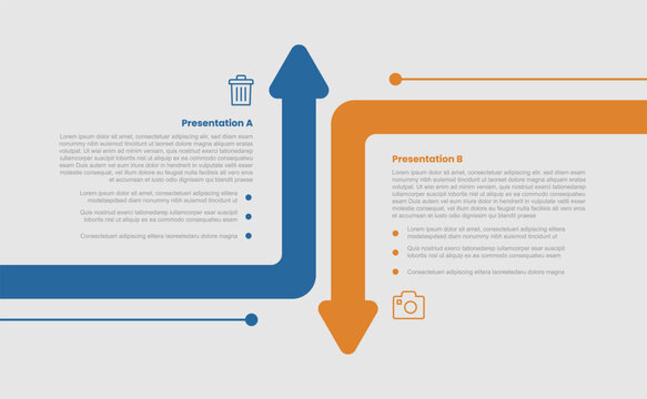 2 stage infographic diagram opposite comparison with long arrow shape up and down direction with two step for slide presentation