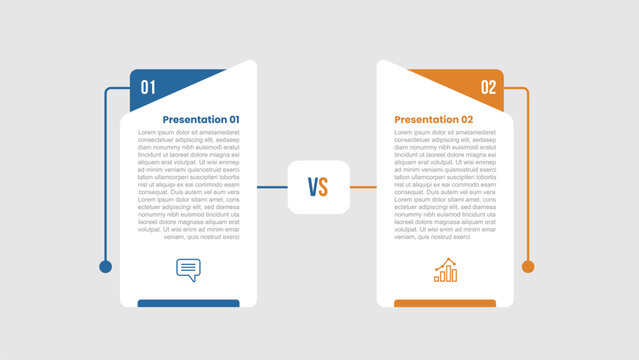 2 stage infographic diagram opposite comparison with tall rectangle box with header slice triangle with two step for slide presentation