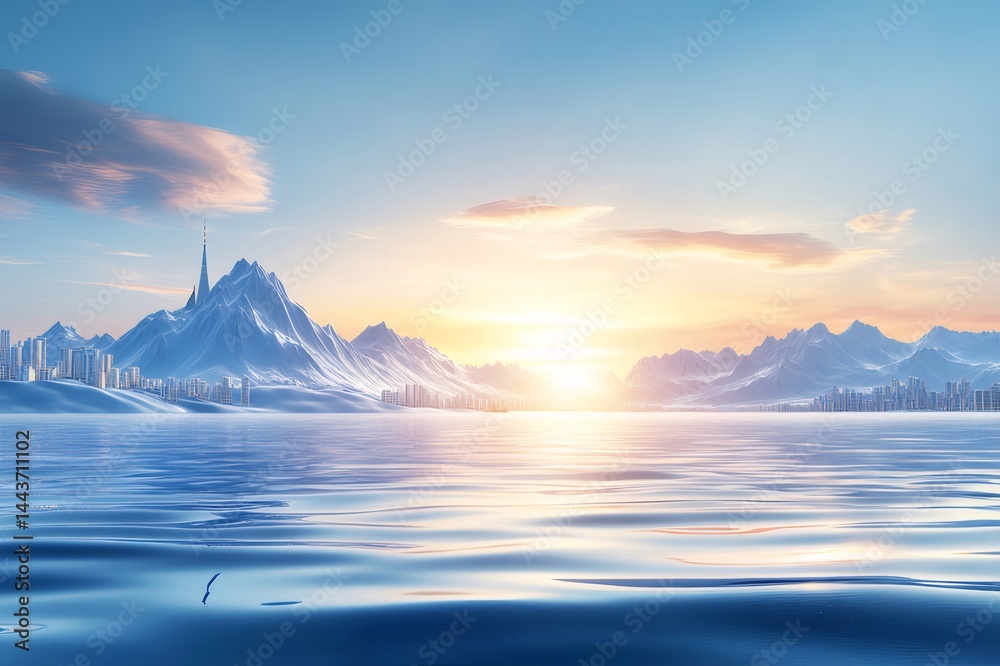 Poster 朝焼けの氷河湖と雪山 太陽の光が水面に反射するパノラマ風景 青と白の幻想的な世界