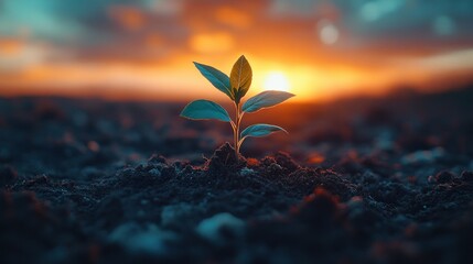Young sprout emerging from soil at sunset