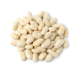 Pile of fresh peeled peanuts isolated on white, top view