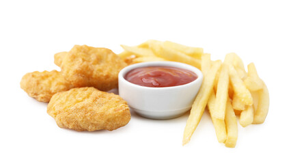 Tasty chicken nuggets and french fries with sauce isolated on white