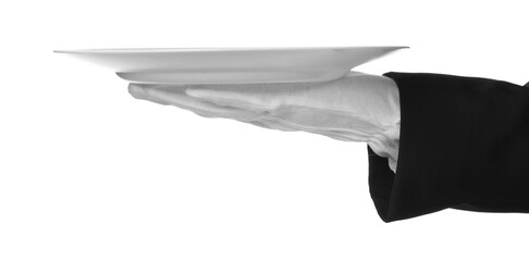 Man with empty plate on white background, closeup