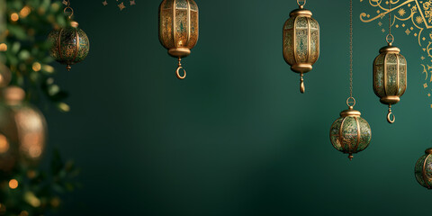 Luxurious green Ramadan hero background with gilded geometric motifs and traditional lantern accent, ideal for elegant promotional or greeting banners