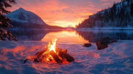 a campfire in the snow on a lakeshore with mountain, a beautiful sunsets.