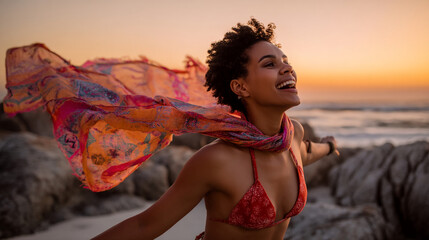 Woman in red bikini, laughing, with patterned scarf flowing in wind at sunset beach.  Joyful, carefree summer feeling