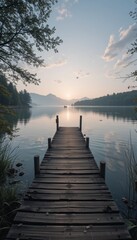 Fototapeta premium A tranquil lakeside scene with a rustic wooden dock extending over calm water under soft natural light Generative AI