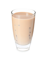 Tasty iced coffee in glass isolated on white