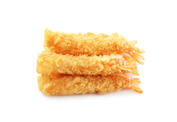 Many tasty tempura shrimps isolated on white