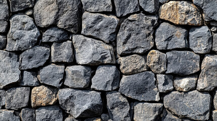 Wall made of large rocks. The wall is gray and has a rough texture. The rocks are of different sizes and shapes