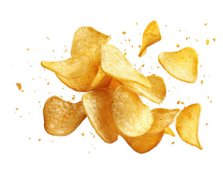 Crispy potato chips falling kitchen food isolated on transparent background