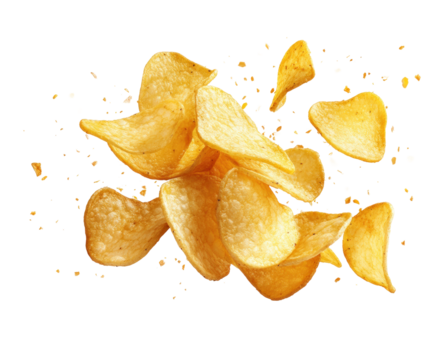 Crispy potato chips falling kitchen food isolated on transparent background