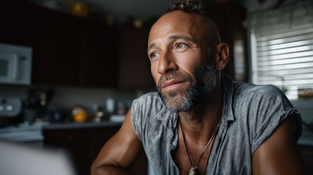 Thoughtful middle-aged man sitting at a kitchen table with natural light filtering through blinds