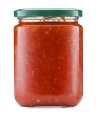 Tasty lecho in jar isolated on white