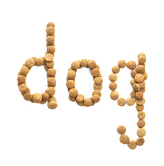 Word Dog made of dry pet food isolated on white, top view