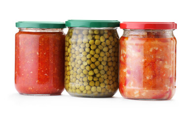 Many jars with different pickled products isolated on white