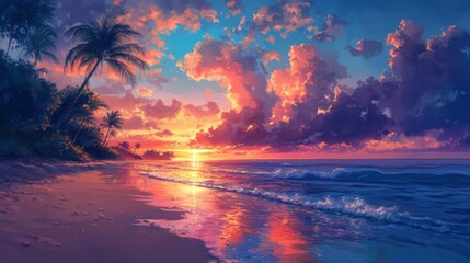 A tranquil beach at sunset, the sky painted with vibrant colors and the ocean reflecting the hues 