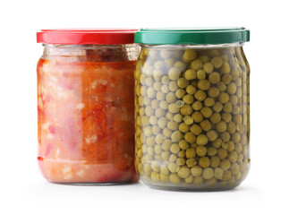 Tasty pickled products in jars isolated on white