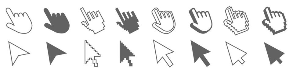 Computer mouse click cursor isolated on transparent. Cursors icons click set. Cursor set in hand, arrow and mouse forms, hand pointer.	
