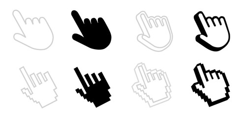 Computer mouse click cursor isolated on transparent. Cursors icons click set. Cursor set in hand, arrow and mouse forms, hand pointer.	