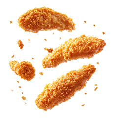 Fried chicken tenders flying isolated on white background. Crispy and delicious chicken strips with bread crumbs floating in air, isolated on white background. Fried chicken fingers
